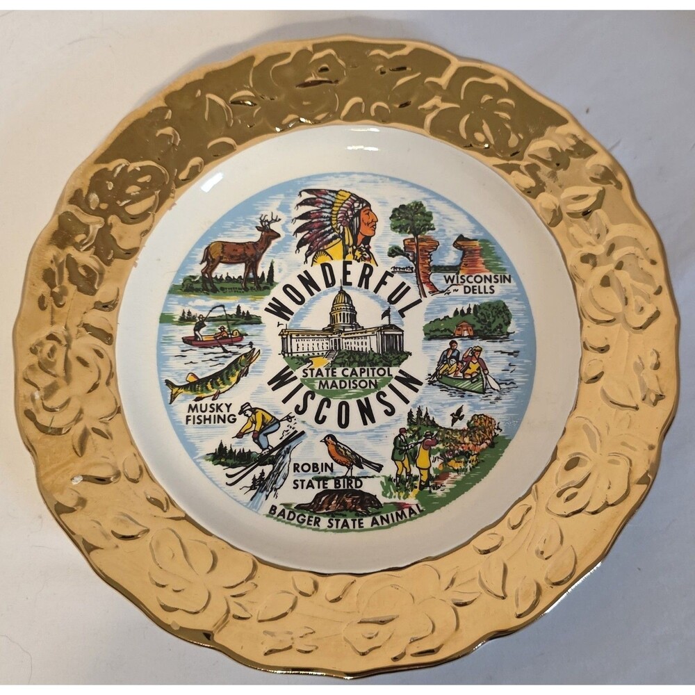 WISCONSIN Souvenir State Plate with Gold Scalloped Rim VTG
